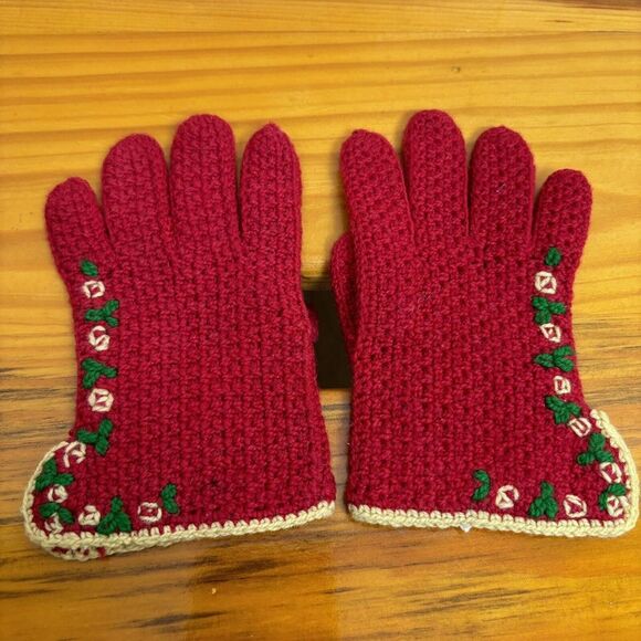 Antique Vintage Handmade Red Embroidered Wool Gloves Toddler Preschooler Size‎ - Picture 1 of 7